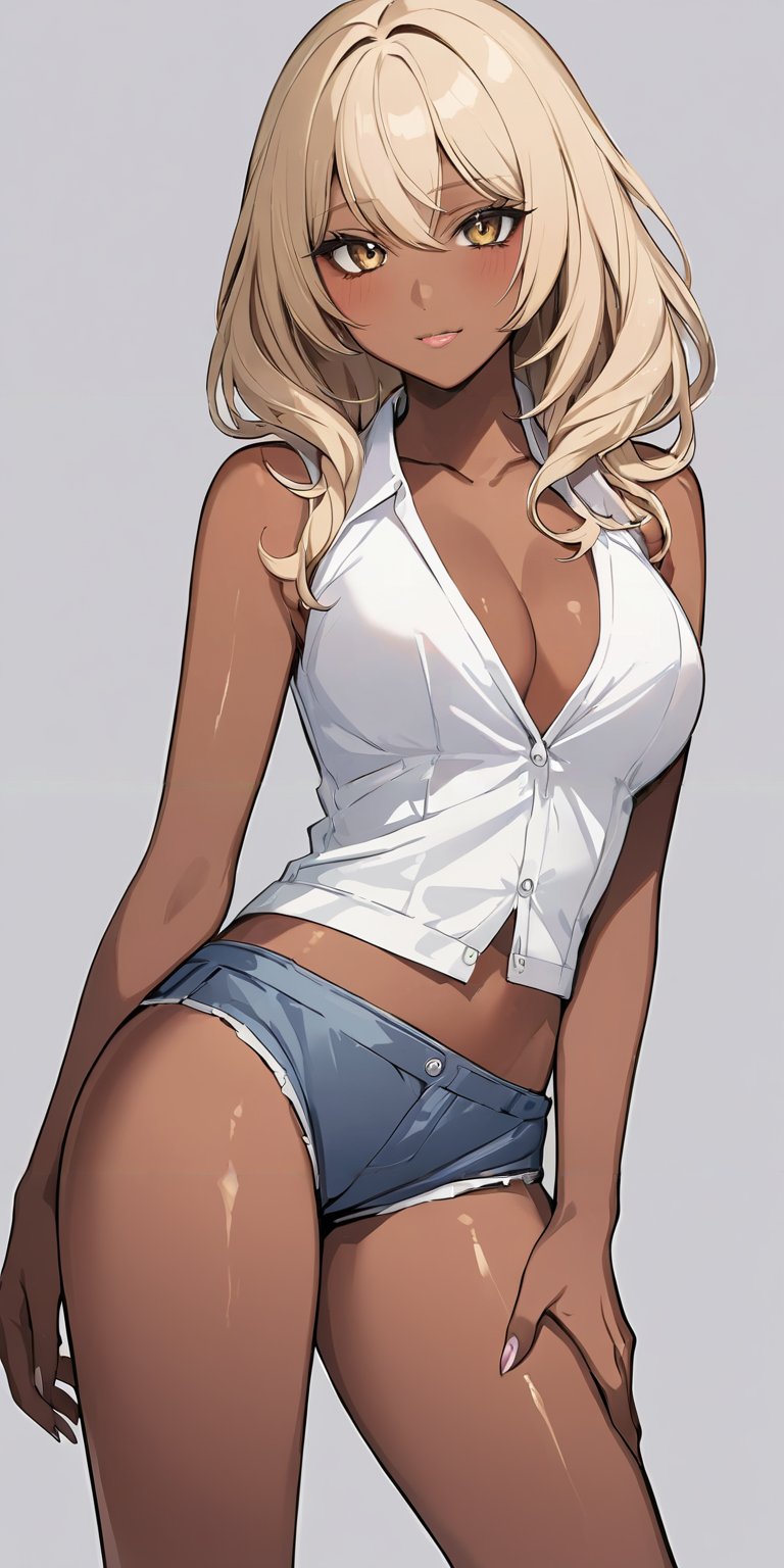 masterpiece,ultra-detailed,best quality,8K,illustration,cute face,clean skin ,shiny hair,girl,ultra-detailed-eyes,simple background, <lora:add-detail-xl:1> <lora:kuro gyaru_XL_V1.0:1> kuro gyaru, dark skin, blonde hair, <lora:shorts_XL_V1.0:0.6> jyojifuku, shorts