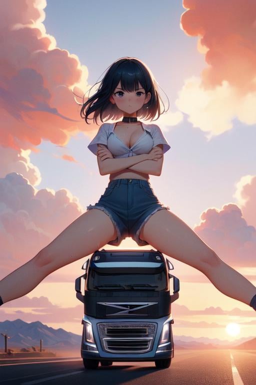 (((masterpiece))), (((best quality))),  ((sneakers)), ((epic split)), ((crossed arms)), ((spread legs)), ((outstretched legs)), sky, wind, flare, sunrise, desert road, center line, distant sierra, vanishing point, closed mouth, volvo truck, solo, 1girl, collar shirt, shorts, sweat, cleavage, big tits, shy, blush, slim figure, <lora:girllikeepicsplit:0.9>