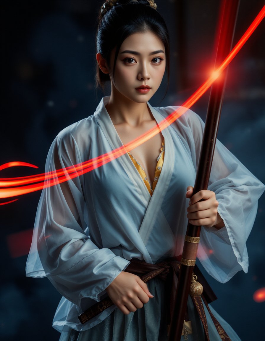 Atmospheric lighting, volumetric lighting, CloseUp, Upper Body Shot, FredFraiStyle inspired buxom Female ninja with wooden staff Standing Battle ready with a Natural powerful weapon, Cleavage, vibrant pastel colored in Grey, White and DARK yellow, Highly detailed analog photo close-up action scene of a woman in billowing transparent hanfu. The focus is on her chest, showcasing the reddish blur of light that trails with the swift motion of the weapon, capturing the dynamic speed of the fighter. Pressure Wave, floating particles, very detailed physic, The scene is set in a misty, fog-filled night with a desaturated color palette. The background is hazy, while motion streaks and dynamic lighting enhance the sense of speed and intensity, with the knight’s glow piercing through the mist. <lora:hinaFluxAsianMixLora-schnell_v2:0.9>