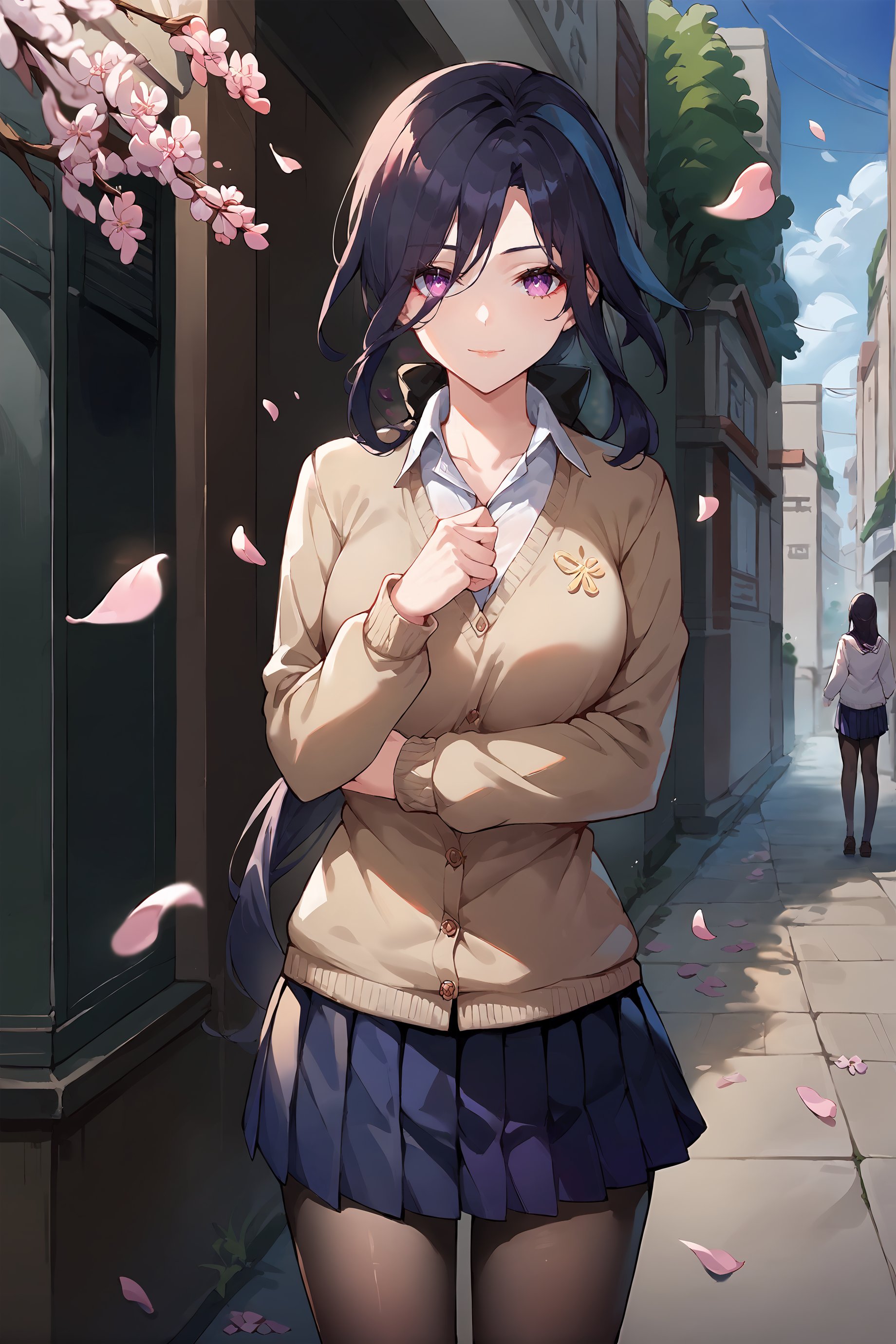 score_9, score_8_up, score_7_up, source anime, 1girl, clorinde \(genshin impact\), solo, school uniform, white collared shirt, sweater, pleated skirt, black pantyhose, light smile, looking at viewer, outdoors, street, cherry blossoms, petals, depth of field <lora:Char-Genshin-Clorinde-Pony-V1:0.9>   <lora:YaegashiNan-v1-PDXL:0.7>