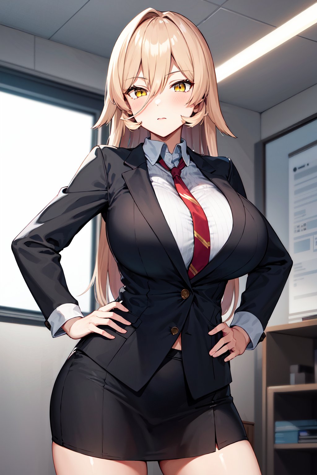 masterpiece, best quality, highres, aanui, long hair, blonde hair, hair between eyes, yellow eyes, large breasts,  <lora:nui_sociere_v1:0.7>, office lady, black suit, miniskirt, necktie, standing, cowboy shot, computer, hand on hip, 