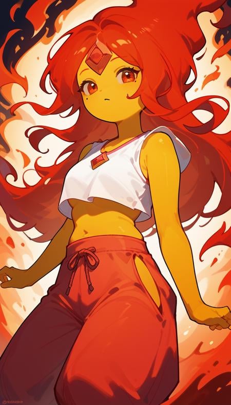 score_9,score_8_up,score_7_up,score_6_up,1girl,anime,cute,medium breasts,red hair,long hair,yellow skin,mole under eye,gypsy,baggy pants,crop top,side slit,flame princess,<lora:FlamePrincess_PDXL>,fire,flames,fire aura,burning,flaming skin,burning clothes,