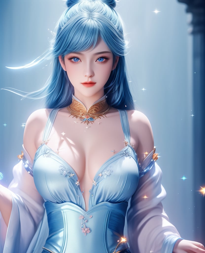 <lora:斗罗大陆-唐舞桐-海神缘:0.8>　　1girl, solo, blue hair, blue eyes, hair ornament, sparkle, looking at viewer,  (,1girl, ,best quality, ),looking at viewer,  ,ultra detailed background,ultra detailed background,ultra realistic 8k cg,, ,masterpiece, (( , )),, ,      ,  orange blossoms,  (cleavage), (), ,,