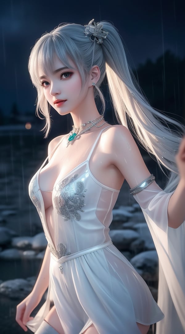 <lora:380-DA-武动乾坤-林青檀:0.8> ,(,1girl, ,best quality, ),looking at viewer, ,ultra detailed 8k cg, ultra detailed background,  ultra realistic 8k cg, flawless,  tamari \(flawless\), professional artwork, famous artwork, cinematic lighting, cinematic bloom, (( , )),, dreamlike, unreal, science fiction,  luxury, jewelry, diamond, pearl, gem, sapphire, ruby, emerald, intricate detail, delicate pattern, charming, alluring, seductive, erotic, enchanting, hair ornament, necklace, earrings, bracelet, armlet,halo,masterpiece, (( , )),,  ,cherry blossoms,(((, night,night sky,,  ultra high res, (photorealistic:1.4), raw photo, 1girl, , rain, sweat, ,wet, )))(( , ))   (()), (), 1girl, solo, , , , , twintails, thighhighs, bow, ,silver hair,  