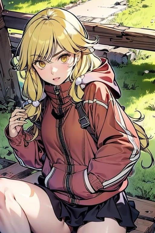 <lora:puluoer-10:0.9>((extremely realistic shading, masterpiece, extremely detailed, photorealistic))Yellow hair, Yellow eyes, Red hoodie, black short skirt,