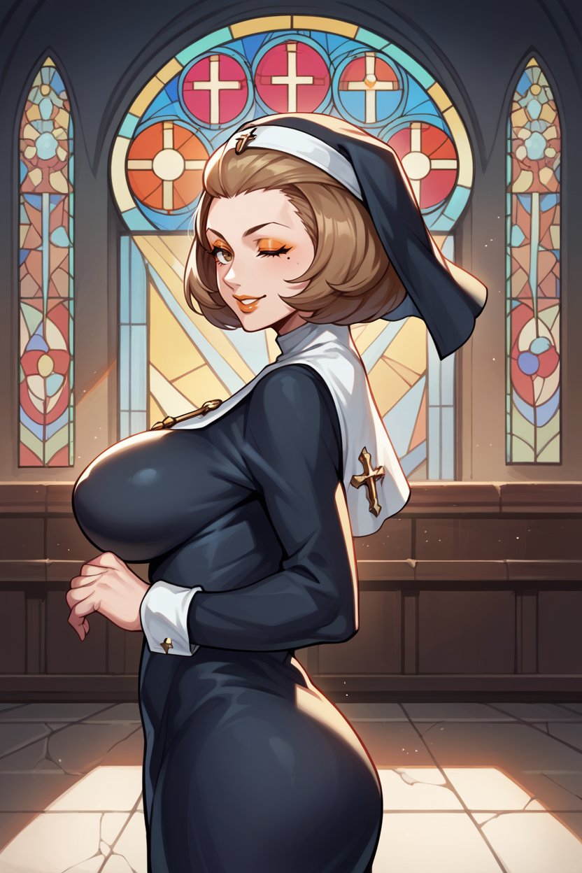 score_9, score_8_up, score_7_up, score_6_up, source_anime, 1girl BREAK <lora:manuela-pdxl-nvwls-v1:1> defManuela, short hair, mole under eye, eyeshadow, lipstick, large breasts, nun habit, nun veil, church, indoors, stained glass, smile, wink, looking at you, from side