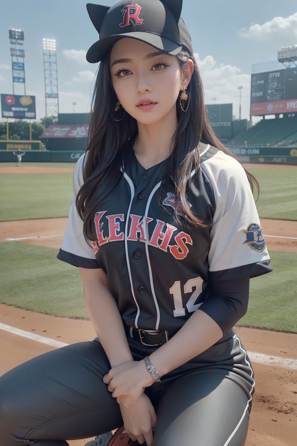 Baseball athletic, a young beautiful baseball batter, blue eyes, blushed, curvy body, small waist, thick thighs, standing Poses, seductive smile,(long hair:1.3), (cat ears:1.3), (cat tail:1.3), fabulous hairstyles, (baseball cap, baseball pants, baseball jersey, baseball, Metal baseball cleats, baseball uniform, baseball bat,:1.3)extremely detailed clothing, earrings, (ultra wide-angle baseball field background:1.4)style of Inoue Takehiko and Rebecca Guay, extreme closeup portrait, lifelike, glamourous, audiences on the Stadium Seating, extreme detail irises, reflexive eyes retinas,detailed eyebrows, detailed eyelashes, feminine hand, beautiful finger polished nails, professional makeup, exquisite body parts detailing, extremely intricate details, exquisite detail complexion, flossy skin complexion, extreme detail facial features,extremely detailed environment, dust particles, sub surface scattering, perfect lighting, visual compositional, masterpiece, best quality, exquisite masterpiece, professional production, extremely exquisite detailed, hyper detailed, extremely high resolution, extremely high res, high resolution, highres, outdoor surrounding, extremely explicit details, extremely sharp focus,HDR, DSLR, high dynamic color range, RAW Photo, 50mm lens, F/1.2, Shutter speed 1/200, ISO 50,<lyco:EnvyBetterHands-beta2:1.0>