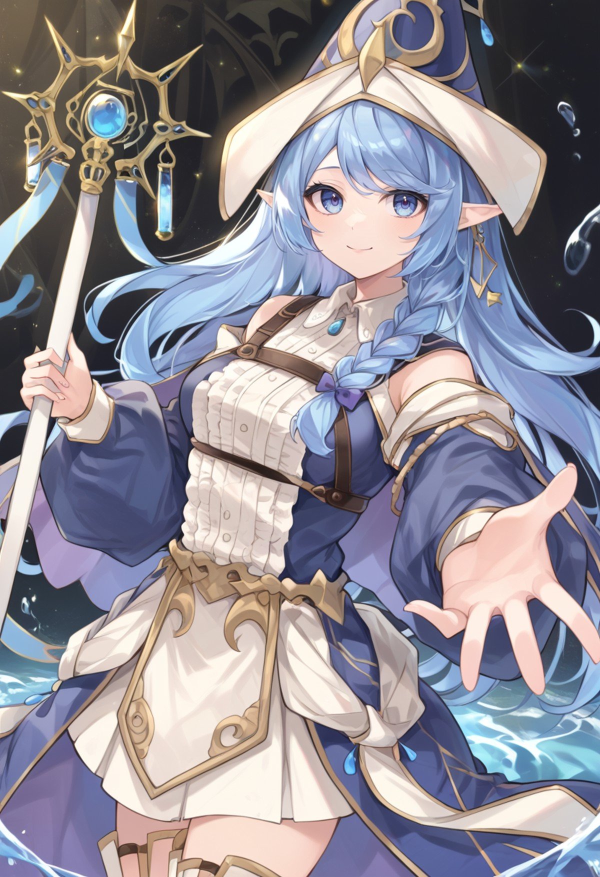 (score_9:0.9),score_8_up,score_7_up,anime style,rating_safe,(zPDXL),<lora:Water Enchantress of the temple ponyXL v1:0.8>,Water Enchantress of the temple,blue witch hat,witch dress,blue detached sleeves,white thigh boots,1girl,solo,holding,water,looking at viewer,staff,cowboy shot,holding staff,light smile,outstretched hand,