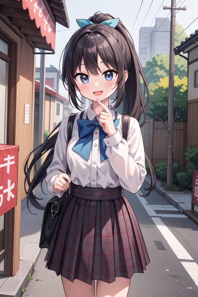 insanely detailed, absurdres, ultra-highres, ultra-detailed, best quality,1girl, solo, nice hands, perfect handsBREAKjirai kei,plaid skirt, shirt, long sleeves, bow, blue skirt, white shoulder frilly shirt, outdoors, blue bow, long hair, (cleavage:-1.5)BREAKhappy smile, laugh, open mouthBREAK45 angle,standing, cowboy shot, looking at viewerBREAKslender, kawaii, perfect symmetrical face, ultra cute girl, ultra cute face, ultra detailed eyes, ultra detailed hair, ultra cute, ultra beautifulBREAKin japanese street, cityscape in japan, depth of field, ultra detailed backgroundBREAKlarge breastsBREAKblack hair, black eyes, ponytail,