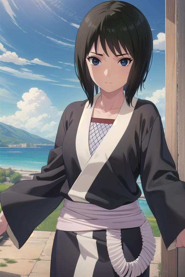 kunoichishizune, <lora:kunoichi shizune-lora-nochekaiser:1>,shizune, short hair, black hair, (black eyes:1.3),BREAK long sleeves, collarbone, japanese clothes, fishnets,BREAK outdoors, forest, nature, trees, grass, sky, clouds, sun,BREAK looking at viewer, (cowboy shot:1.5),BREAK <lyco:GoodHands-beta2:1>, (masterpiece:1.2), best quality, high resolution, unity 8k wallpaper, (illustration:0.8), (beautiful detailed eyes:1.6), extremely detailed face, perfect lighting, extremely detailed CG, (perfect hands, perfect anatomy),