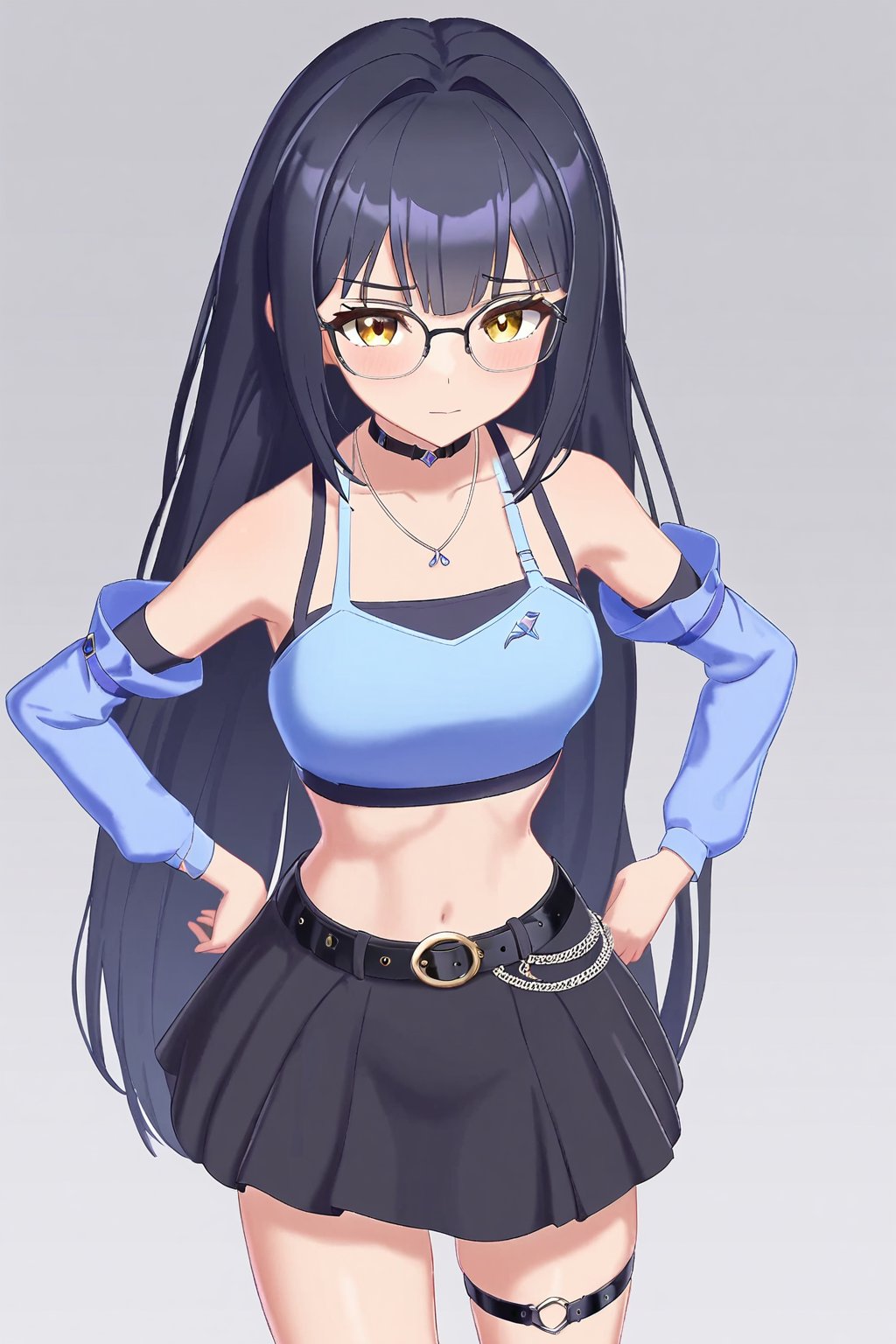 sinuo,1girl,long hair,black skirt,glasses,black hair,choker,thigh strap,looking at viewer,necklace,belt,detached sleeves,black choker,jewelry,yellow eyes,blue crop top,white background,simple background,open clothes,<lora:zhijiang-sinuo-000004:0.5>,