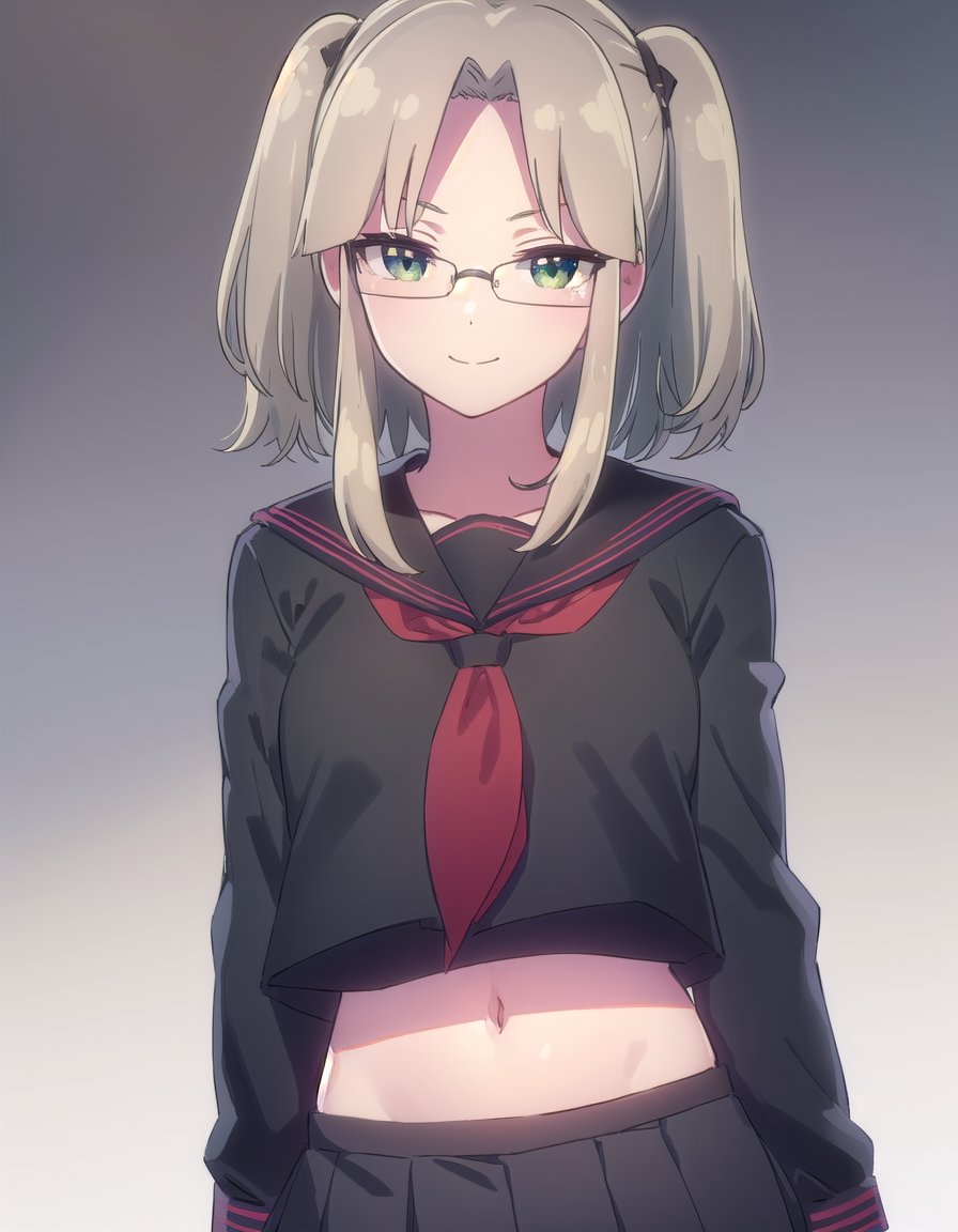 skimu, <lora:sk imu s1-lora-nochekaiser:1>,imu, (green eyes:1.3), glasses, hair ornament, twintails, (parted bangs:1.5), blonde hair,BREAK skirt, shirt, long sleeves, navel, school uniform, pantyhose, pleated skirt, necktie, serafuku, midriff, black skirt, sailor collar, black shirt, black sailor collar, (black serafuku:1.2),BREAK outdoors, classroom,BREAK looking at viewer, (cowboy shot:1.5), smile,BREAK <lyco:GoodHands-beta2:1>, (masterpiece:1.2), best quality, high resolution, unity 8k wallpaper, (illustration:0.8), (beautiful detailed eyes:1.6), extremely detailed face, perfect lighting, extremely detailed CG, (perfect hands, perfect anatomy),