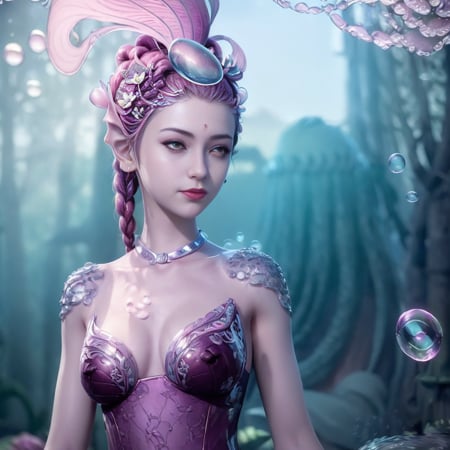 bere, a woman with purple hair and a purple dress,<lora:bere-10:0.6>,(illustration:1.8),(best quality),(masterpiece:1.5),masterpiece,extremely detailed CG unity 8k wallpaper),depth of field,dramatic angle,(Silver detailed cyan_ribbon and white flowers in the girl's long black_hair:1.25),(braid), (detailed beautiful face:1.3),detailed symmetrical_Blue_eyes,(Ancient palace background far away:1.55),A slight light, (pink flower:1.2),chiaroscuro, ((lotus) in beautiful detailed flowing_clouds_sea:1.3), Rayleigh scattering,(feather headdress:1.15),grass background,nature,((very wide shot)),(((Underwater))),Deep focus,Watermaker(bubbles:1.5),turtles,corals,Floating clothes,bottle with stopperwater in bottle