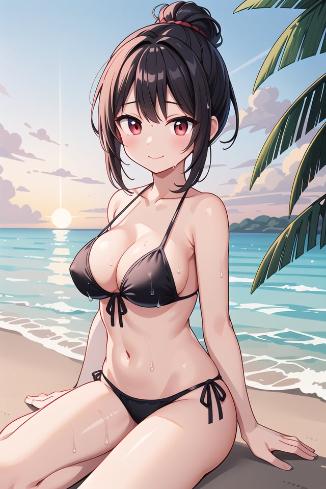 insanely detailed, absurdres, ultra-highres, ultra-detailed, best quality,1girl, solo, nice hands, perfect handsBREAK(wearing swimwear:1.3)BREAKseductive smile, closed mouth,sitting on sand of beach, seductive pose, cowboy shotBREAKslender, kawaii, perfect symmetrical face, ultra cute girl, ultra cute face, ultra detailed eyes, ultra detailed hair, ultra cute, ultra beautifulBREAKEvening sea Capture the mesmerizing beauty of the ocean as the sun sets, painting the sky with warm hues, depth of field, ultra detailed backgroundBREAKmedium large breasts, , extremely detailed navel, (wet skin:1.2), (shiny skin:1.3)BREAKblack hair, red eyes, topknot,