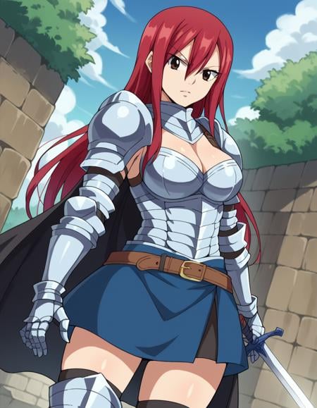 score_9, score_8_up, score_7_up, source_anime,erzascarlet, <lora:erza-scarlet-ponyxl-lora-nochekaiser:1>erza scarlet, long hair, red hair, hair between eyes, brown eyes,skirt, thighhighs, cleavage, boots, belt, sword, cape, armor, gauntlets, armored boots, greaves, knight,outdoors, nature,looking at viewer, dutch angle, cowboy shot