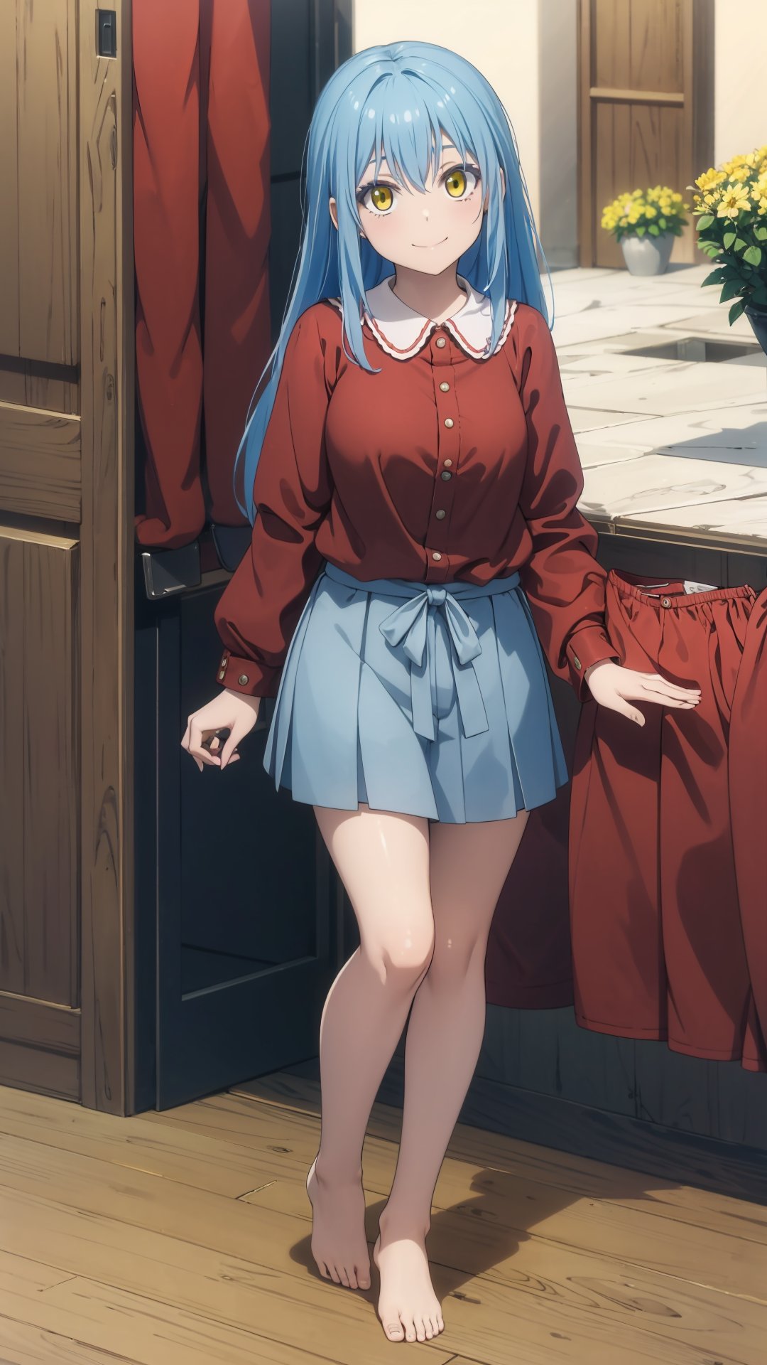 (masterpiece, best quality), ray tracing, absurdres, HDR,rimuru clothes, long hair, blue hair, yellow eyes, shirt, closed mouth, red shirt, 1girl, large breats,, rimuru tempest, skirt, bangs, red shirt, smile, solo, hair between eyes, grey skirt, long sleeves, collared shirt, ,blush ,looking at viewer,indoors,barefoot,full body,   <lora:rimuru_clothes01:0.7>