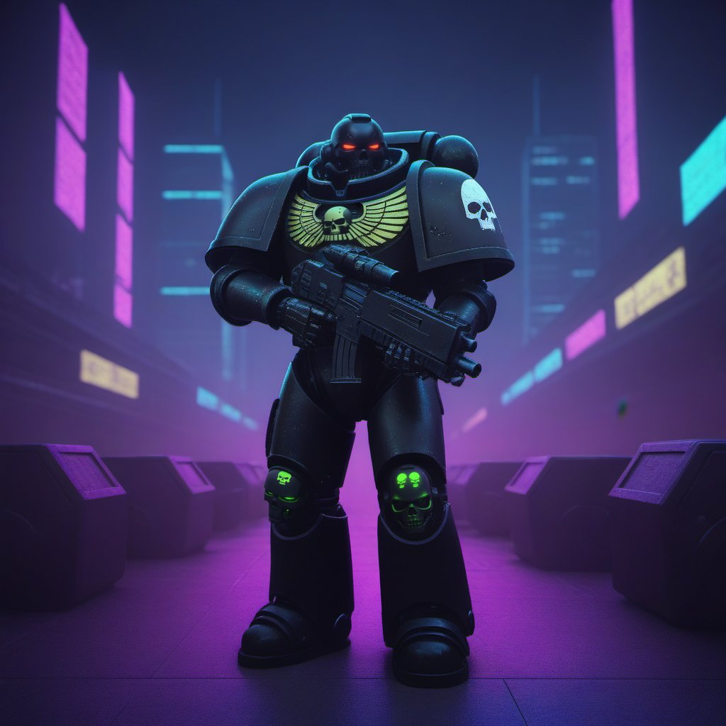 a black spacemarine robot, cyberpunk city background, night, neon lights, skulls, death <lora:SpaceMarine1024:0.4>