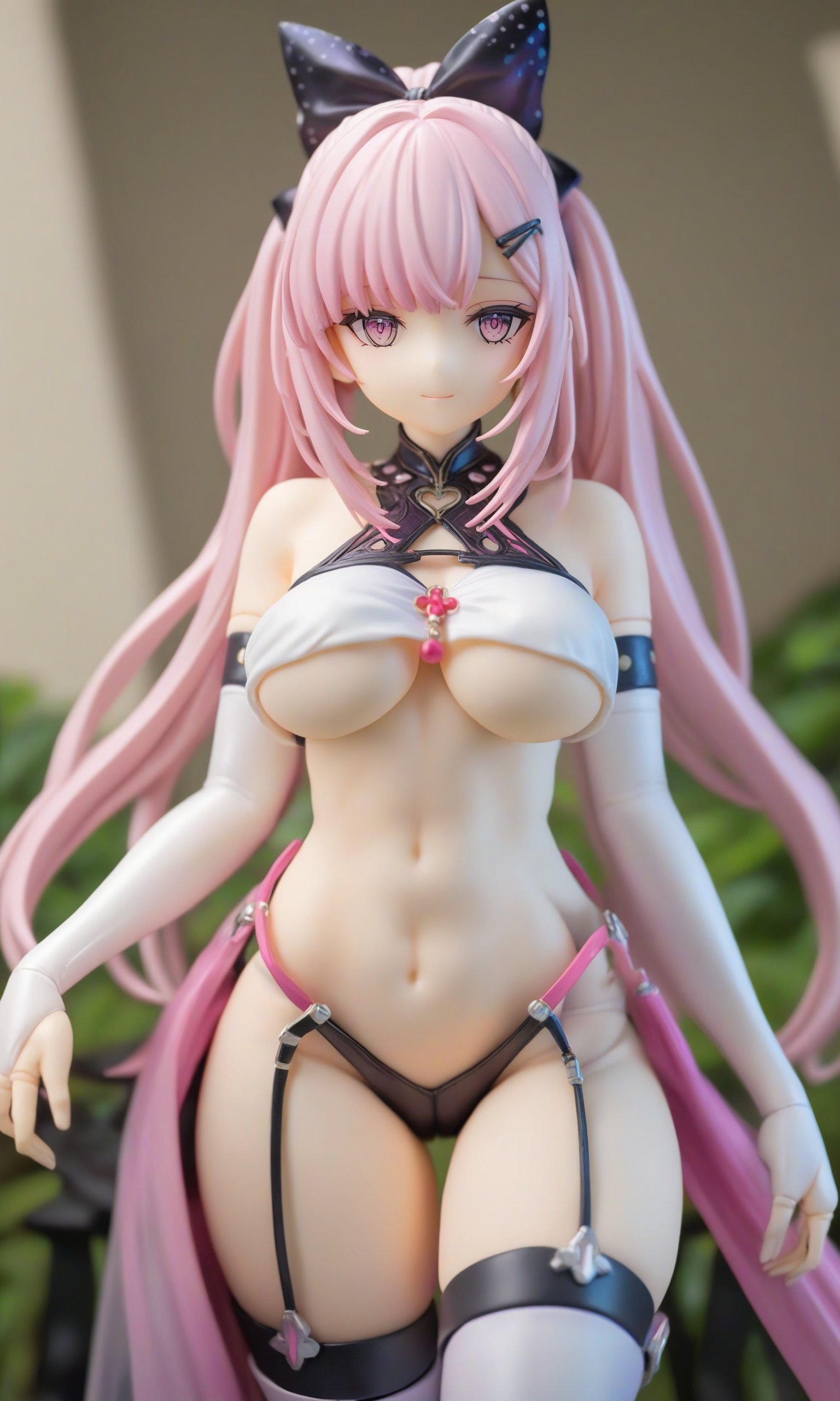 (masterpiece),(highest quality),Anime,(extremely detailed),figurine,extremely detailed eyes,intricate details,outdoors,looking at viewer,light smile,1girl,solo,nacht,hair bow,hair ornament,hairclip,pink eyes,pink hair,ssrsuit,underboob cutout,navel,bare shoulders,crop top,thigh boots,elbow gloves,joints,