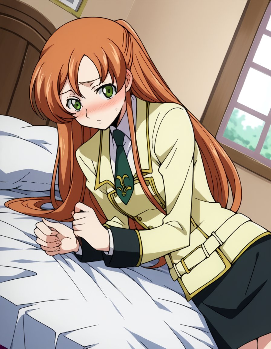 score_9, score_8_up, score_7_up, source_anime,shirleyfenette, <lora:shirley-fenette-s1-ponyxl-lora-nochekaiser:1>,shirley fenette, orange hair, green eyes, half updo, long hair,ashford academy school uniform, buttons, long sleeves, necktie, school uniform, skirt, black skirt,indoors, bed, bed room, on side, blush, drunk,looking at viewer, dutch angle, cowboy shot, solo,