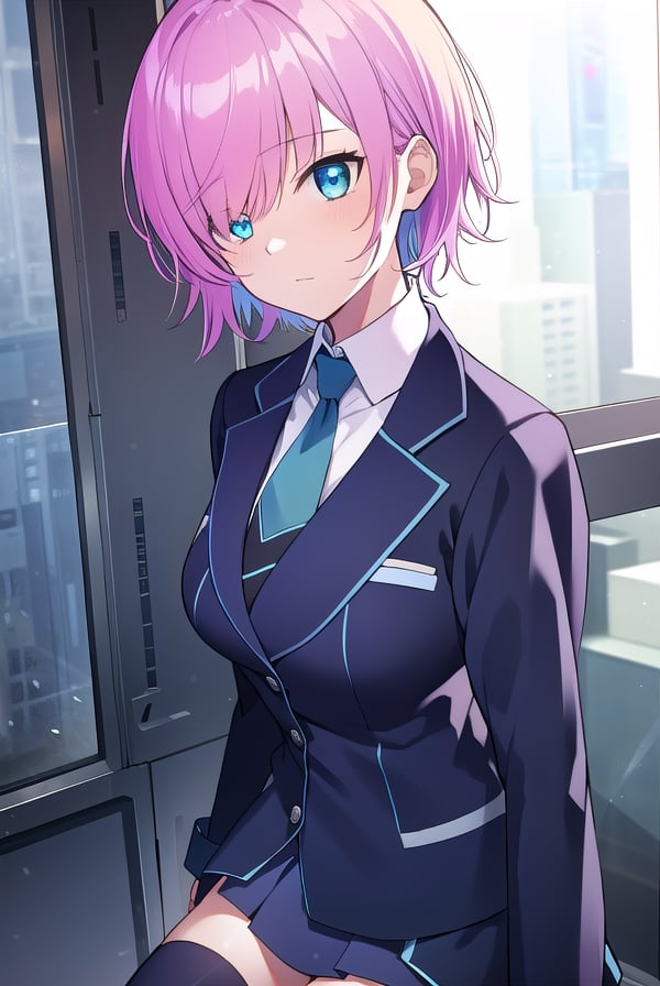 ririyuuhi, <lora:ririyuuhitest:1>, riri yuuhi, aqua eyes, pink hair, short hair, hair pin,BREAK blue footwear, blue jacket, buttons, jacket, long sleeves, miniskirt, necktie, school uniform, skirt, thighhighs, zettai ryouiki,BREAK looking at viewer,BREAK indoors,BREAK <lora:GoodHands-vanilla:1>, (masterpiece:1.2), best quality, high resolution, unity 8k wallpaper, (illustration:0.8), (beautiful detailed eyes:1.6), extremely detailed face, perfect lighting, extremely detailed CG, (perfect hands, perfect anatomy),