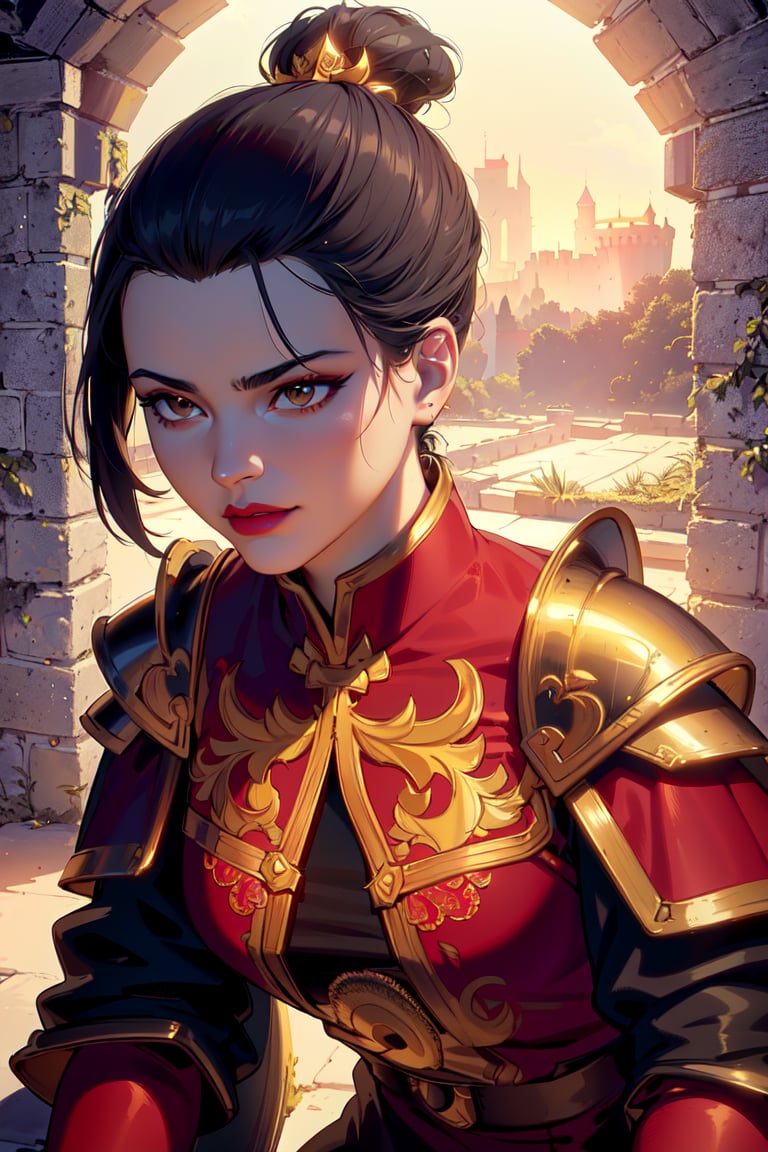 ultra realistic 8k cg, masterpiece, ((ultra detailed background, delicate pattern, intricate detail, highly detailed, fine details best quality, hyperdetailed face)), (photorealistic:1.4),beautiful lighting, absurdres, RAW photo, film grain, Azula, 1girl, solo, black hair, brown eyes, makeup, lipstick, red lips, single hair bun, navel, sidelocks, ((medium breasts, slim girl)), ((armor, chinese clothes, capelet, boots)), ((complex detailed background, inside, dim lighting, moody lighting, inside castle, castle wall, inside, medieval castle environment)), ((close-up, portrait)),  <lora:Azula:0.7>