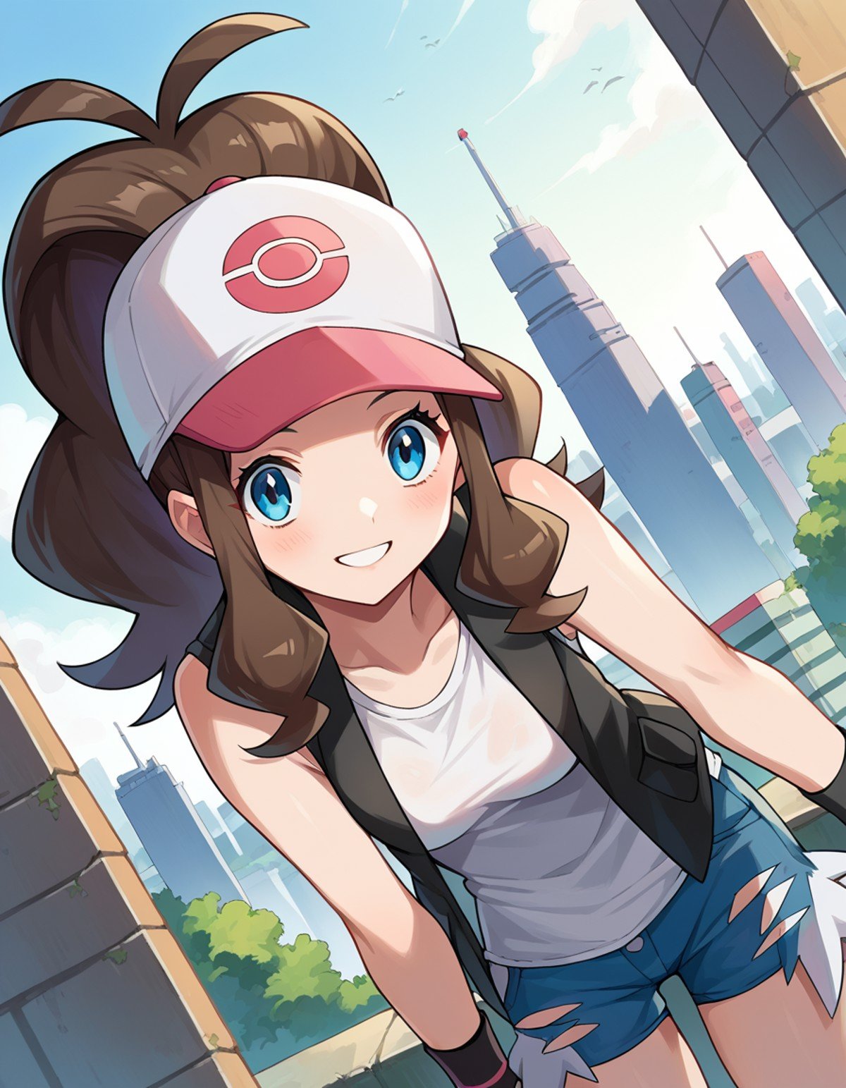 score_9, score_8_up, score_7_up, source_anime,pokemonhilda, <lora:pokemon-hilda-ponyxl-lora-nochekaiser:1>pokemonhilda, blue eyes, brown hair, long hair, ponytail, smile,baseball cap, blue shorts, denim, hat, shorts, vest, wristband, sleeveless, black vest, white shirt, shirt,outdoors, cityscape, bent over,looking at viewer, dutch angle, cowboy shot,