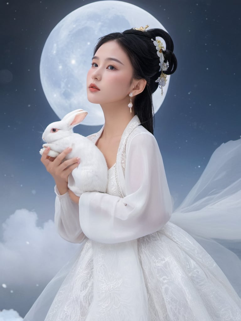 (Fairy Chang'e:1.5), 1girl, animal, animal hug, bird, black hair, dress, earrings, flower, hair ornament, holding a rabbit, jewelry, lips, long sleeves, nose, outdoors, parted lips, realistic, snow, solo, white dress, big the moon, moon background, cloud <lora:FairyChang:0.55>