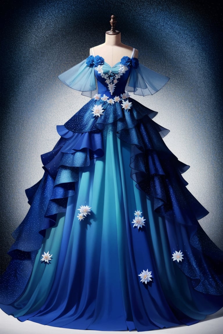 ClothingDesign, dress, flower, solo, blue dress, tree, long dress, blue flower, lantern, standing, frills, full body, <lora:20240601-1717209436687:0.8>