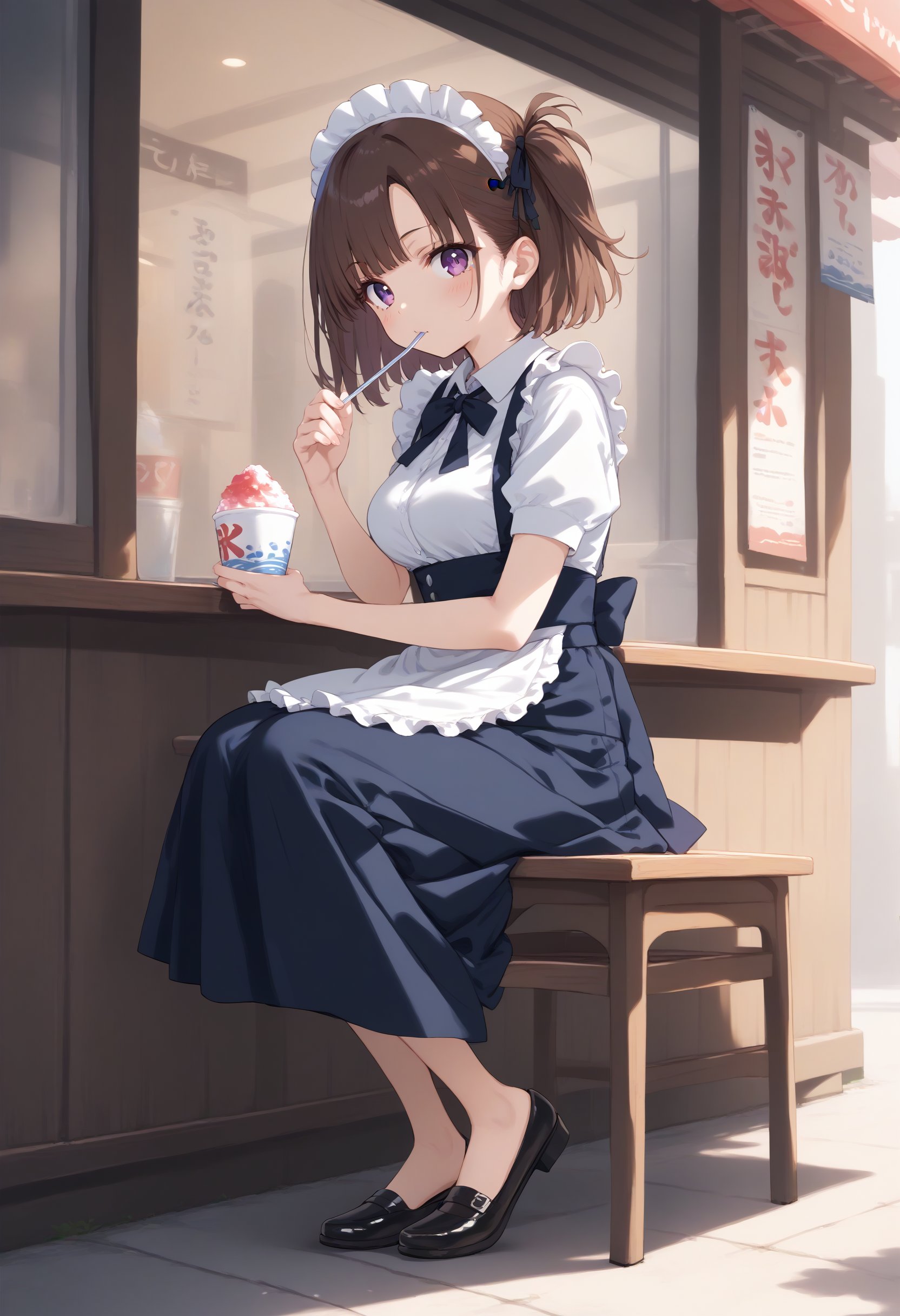 score_9, score_8_up, score_7_up, source_anime,1girl,solo,medium breasts, maid, maid headdress,shaved ice,<lora:shavedice_Pony_v1:0.8>holding drinking straw, spoon straw, eating,from side, full body, looking at viewer, brown hair, purple eyes,flustered, underground parking lot, closed mouth, one side up hair,,