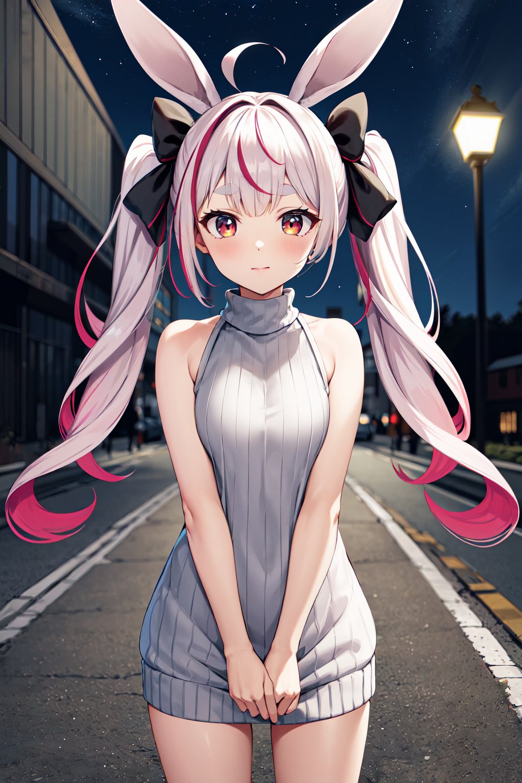 masterpiece, best quality, highres, aatomari, long hair, ahoge, twintails, hair bow, multicolored hair, rabbit ears, thick eyebrows, <lora:tomari_mari_v1:0.7>, sweater dress, ribbed sweater, sleeveless, night, standing, cowboy shot, street