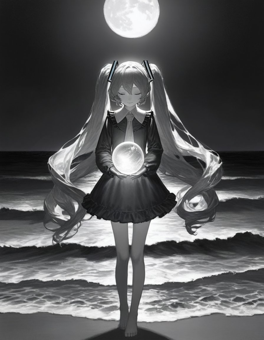 by (quasarcake:1.2), (by jun_\(navigavi\):0.8), (by reoen:1.1), by rsef, by neg_\(101neg\), hatsune miku, (holding iridescent orb:1.3), holding orb, orb, glowing orb, holding iridescent,  1girl, solo, long hair, long sleeves, dress, holding, closed mouth, very long hair, twintails, standing, full body, closed eyes, monochrome, outdoors, greyscale, frills, sky, barefoot, water, bare legs, floating hair, night, glowing, ocean, beach, short dress, frilled dress, moon, star \(sky\), night sky, full moon, sand, waves, shore, darkness, 