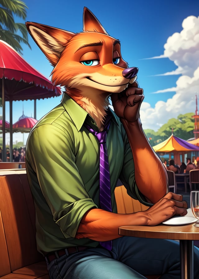 by Oaks16, by Wildering, by Albrecht Anker, solo (nick wilde) green shirt, jeans, purple stripes necktie, blue eyes, sitting, three-quarter view, looking at viewer, hand on cheek, BREAK, (amusement park, restaurant, cloud, plant, detailed background), masterpiece, best quality, 4k, 2k, high detail, absurd res