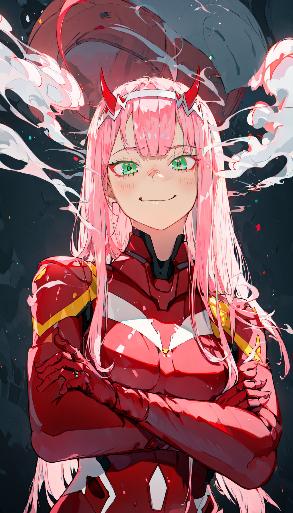 masterpiece, best quality, dynamic realistic illustration, 1girl, zero two \(darling in the franxx\), darling in the franxx, bangs, green eyes, long pink hair, red horns, eyeliner, red bodysuit, white hairband, crossed arms, smug, smirk, solo, volumetric lighting, rim lighting, smoke, dramatic, from below <lora:zerotwo_offset:0.85>