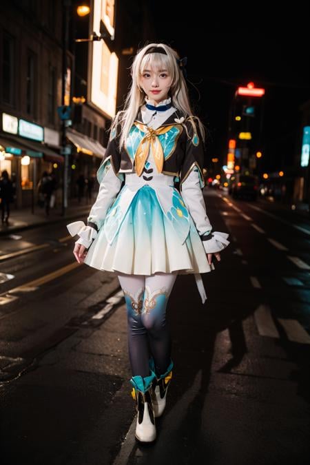 best quality,masterpiece,realistic,photorealistic,1girl,solo,smile,looking at viewer,standing,full body, arms at side,firefly cosplay costume,cosplay,long hair,white hair,dress,cropped jacket,capelet,shirt,skirt,long sleeves,frilled sleeves,bow,neckerchief,ribbon,fingerless gloves,hairband,hair bow,hair ornament,gradient legwear,gradient pantyhose,ankle boots,white boots,street,night,neon lights,people,billboard,detail background,<lora:Honkai_StarRail_Firefly_costplay_costume_v1:0.7>,<lora:Background_Detail_v3:1>,<lora:background & distence control:-1>,