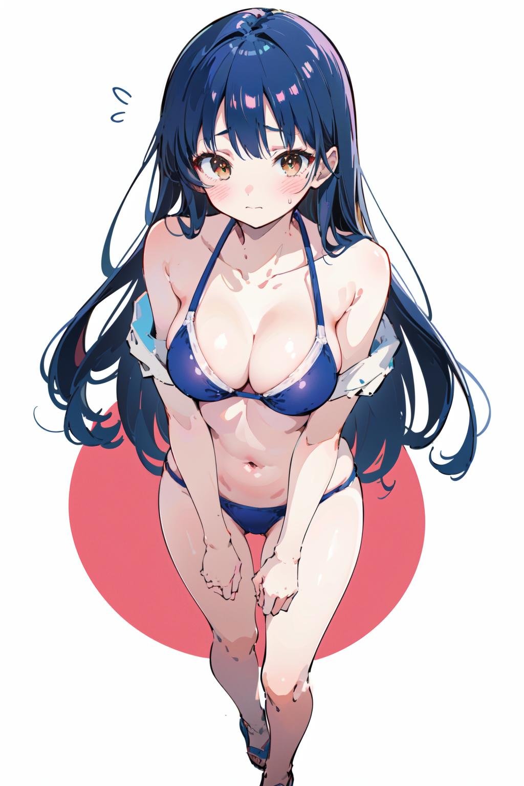 (masterpiece:1.2),best quality,PIXIV,Anna yamada,1girl,swimsuit,solo,breasts,show cleavage,bikini,white background,long hair,simple background,brown eyes,blush,looking at viewer,flying sweatdrops,medium breasts,full body,bangs,blue hair,blunt bangs,embarrassed,standing,closed mouth,bare shoulders,<lora:Anna yamada-000016:0.8>,