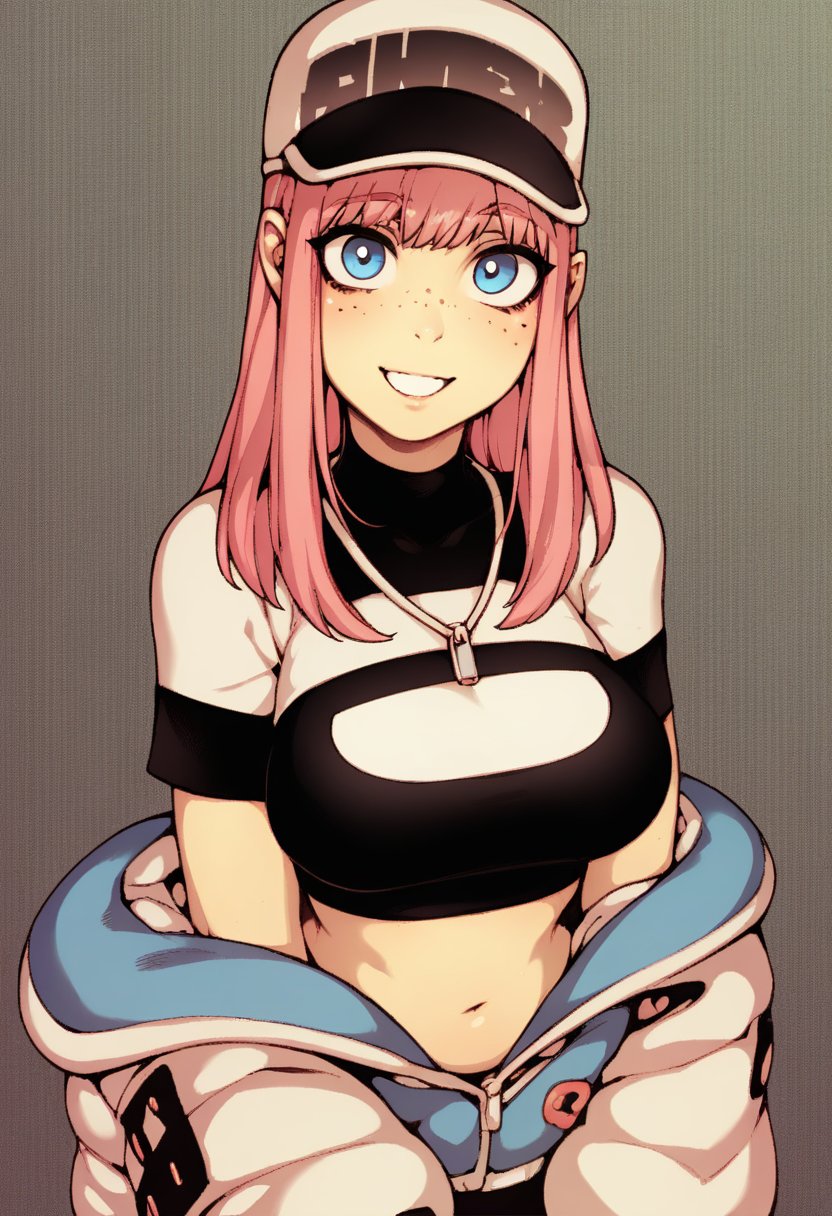 core_9, score_8_up, score_7_up, score_6_up, source_comic,1girl, smile,,solo, large breasts, looking at viewer, upper body, :d, arched back,long pink hair, + +, blue eyes, freckles,intricate details, silhouette, loose clothes, navel,baseball cap, crop top,halftone, hatching \(texture\), jaggy lines,<lora:fishine_v15:1>