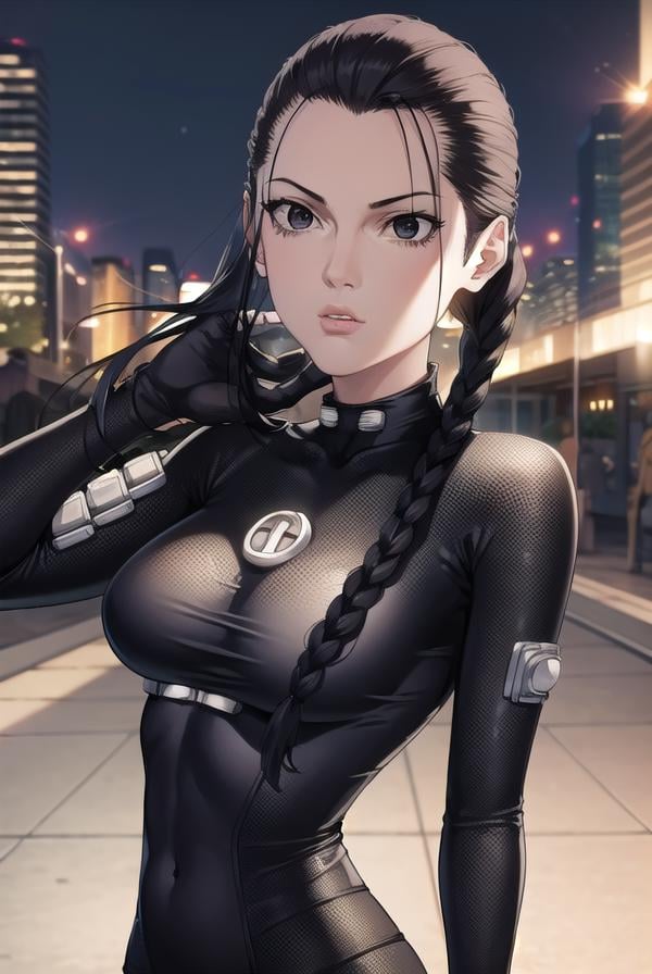 seisakuraoka, <lora:sei sakuraoka manga-lora-nochekaiser:1>,sei sakuraoka, braid, black hair, (black eyes:1.5), single braid,BREAK bodysuit, black bodysuitBREAK outdoors, city, night, sky, starry sky, moon,BREAK looking at viewer, (cowboy shot:1.5),BREAK <lyco:GoodHands-beta2:1>, (masterpiece:1.2), best quality, high resolution, unity 8k wallpaper, (illustration:0.8), (beautiful detailed eyes:1.6), extremely detailed face, perfect lighting, extremely detailed CG, (perfect hands, perfect anatomy),