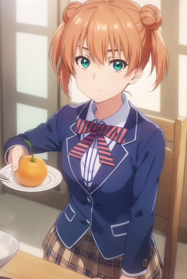 yuukiyoshino, <lora:yuuki yoshino s1-lora-nochekaiser:1>,yuuki yoshino, short hair, twintails, (green eyes:1.3), hair bun, orange hair, double bun,BREAK bow, school uniform, striped, bowtie, blazer, striped bowtie, blue blazer, brown skirt, plaid skirt, plaid,BREAK indoors, kitchen,BREAK looking at viewer, (cowboy shot:1.5),BREAK <lyco:GoodHands-beta2:1>, (masterpiece:1.2), best quality, high resolution, unity 8k wallpaper, (illustration:0.8), (beautiful detailed eyes:1.6), extremely detailed face, perfect lighting, extremely detailed CG, (perfect hands, perfect anatomy),