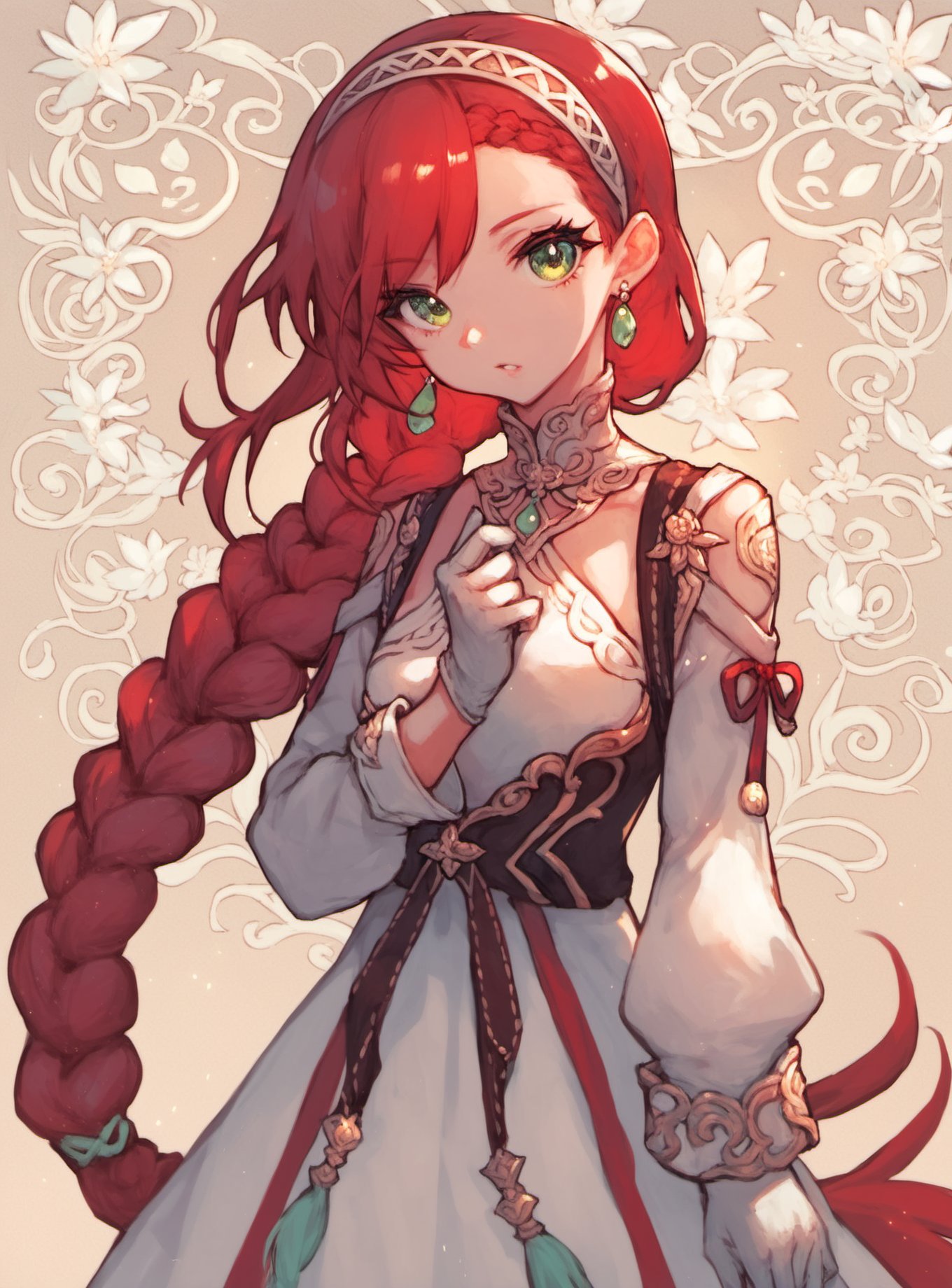 score_9, score_8_up, score_7_up, solo, 1girl, long hair, gloves, red hair, white gloves, jewelry, green eyes, braid, dress, hairband, long sleeves, looking at viewer, earrings, floral background, very long hair, simple background, side braid, 