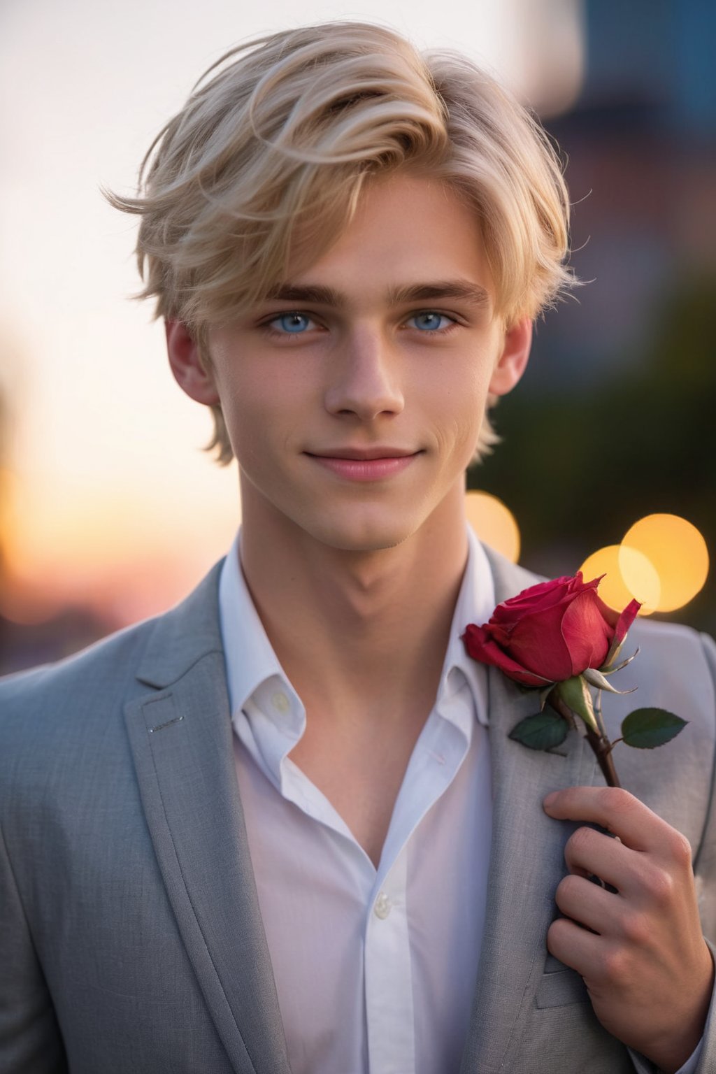 A beautiful 18-year-old boy with blonde hair, blue eyes, and a sweet smile stands before you. He is wearing a white shirt and a gray suit coat. He is gentle and soft spoken. He stands in a romantic pose, looking directly at you with a sweet smile on his face and a soft glance in his eyes. He is holding the rose that he gave you in his hands,  RAW photo, detailed ,a photo of gorgeous, shallow depth of field, bokeh, vibrant saturated color, volumetric lighting, iridescent skin, twilight , (surreal:0.4), hyper detailed photorealistic life-like accurate proportional 8k sharp focus, empty hands, (accurate cinematic lighting), photorealistic detail, (selective focus:0.6)