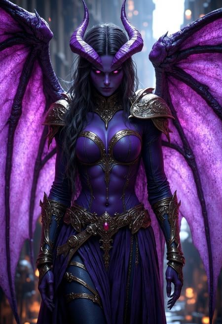 Cinematic full body shot of a beautiful female demon, purple skin, black long hair, purple horns, glowing eyes, big demon wings on her back, wearing shiny armor, hkevil, mythp0rt, amazing quality