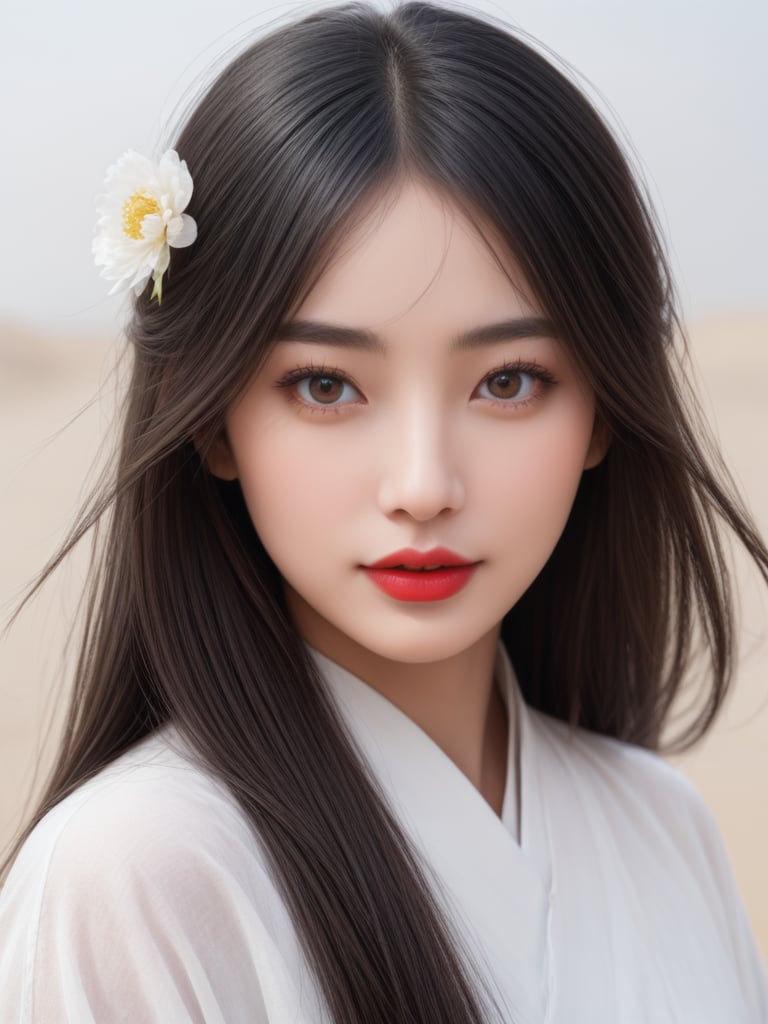 In the Desert, Dancing, Peony Flower, High Quality 8K, Master Works, Hyperrealism, Exquisite Facial Features, Perfect Face,