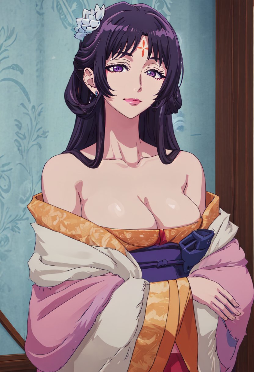 best quality, masterpiece, highres, solo, (pairin_theapothecarydiaries:1.10), 1girl, bare shoulders, flower, forehead mark, jewelry, cleavage, upper body, chinese clothes, collarbone, lipstick, looking at viewer, smile, anime_style, 0 <lora:pairin_theapothecarydiaries:0.80>