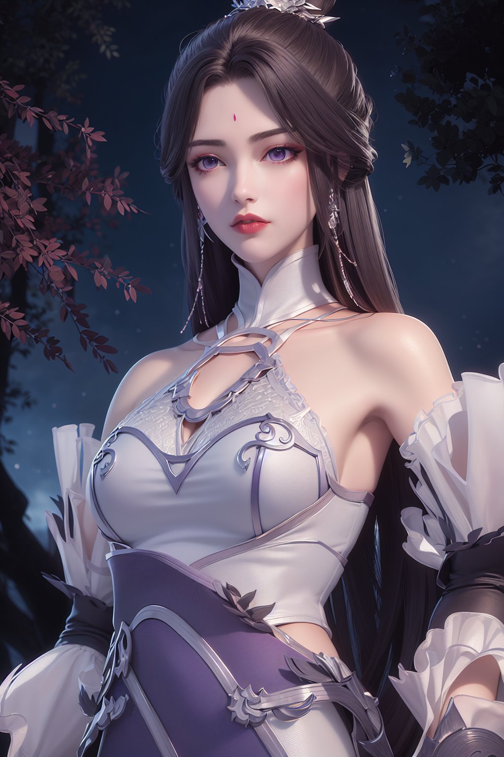 yuechan, 1girl, solo, cloud,night, sky, forest,upper body, (purple eyes:1.2), lipstick, (detached sleeves:1.5),expressionless, weapon,   long hair, hair ornament,hair bun<lora:laofanai_yuechan_changfu_v3:0.7>