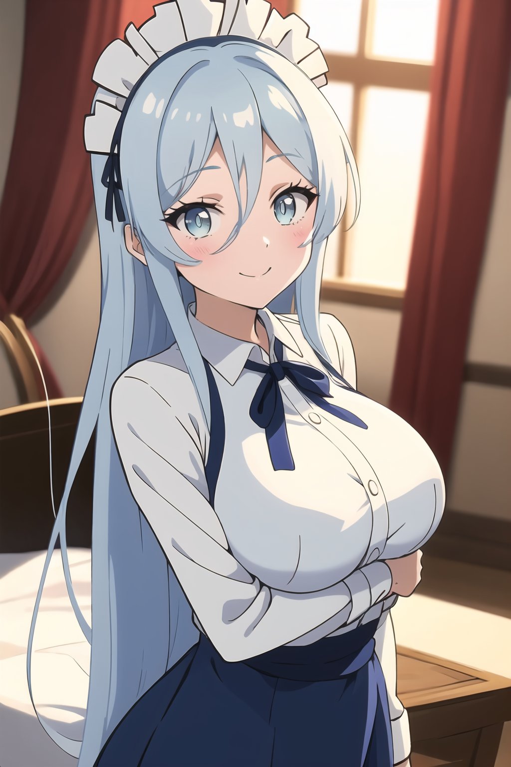 Sylpha, 1girl, solo, long hair, breasts, blush, blue eyes, light blue hair, large breasts, shirt, white shirt, maid headdress, smile, hair between eyes, <lora:Sylpha - Dainanaoji T10:0.8>