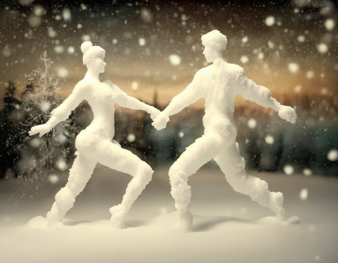 <lora:Aether_Snow_v1_SDXL_LoRA:1.0> photo of a dancing man and woman made of snow, cinematic nightly, christmas