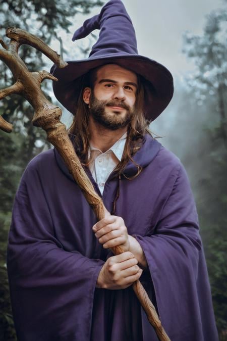 score_9, score_8_up, score_7_up, rating_safe, raw, photo, realistic, 1boy, solo, male focus, mature male, wizard, long hair, brown hair, black eyes, looking at viewer, hat, facial hair, beard, mustache, staff, wizard hat, purple hat, shirt, collared shirt, robe, purple robe, cloak, holding, holding staff, upper body, standing, outdoors, forest, nature, tree, fog, dark background <lora:Photo 2 Style SDXL_LoRA_Pony Diffusion V6 XL:1>