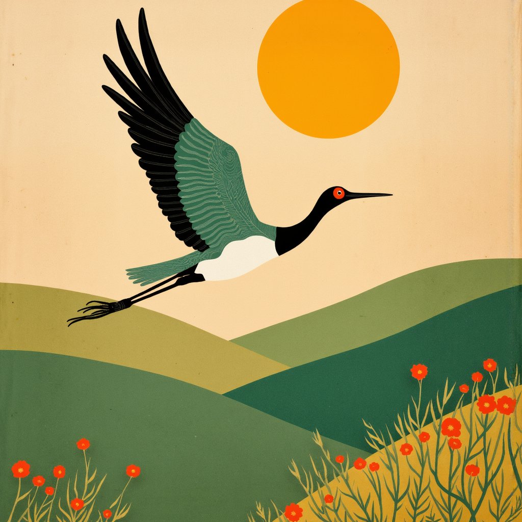 there is a bird flying over a green field with a yellow sun,victo ngai fine texture,victo ngai style,japanese crane bird in center,crane,Victo Ngai,victo ngai. unreal engine,japanese art on behance,cranes,victo ngai, muted colors,victo ngai and surrealism,origami crane drawings,trend on behance illustration,( ( victo ngai ) ),behance. high detail,wes anderson background,victo ngai, cmyk palette,hanging silk scroll,intricate details illustration,illustrations of animals,victor ngai,fictitious birds fly,behance. polished,victo ngai and tristan eaton,animation illustrative style,**** of silk paper,nature journal cover,Petros Afshar,hermes ad,detailed book illustration,exquisite imaginative poster art,victo ngai, muted sepia colors,behance favourite,