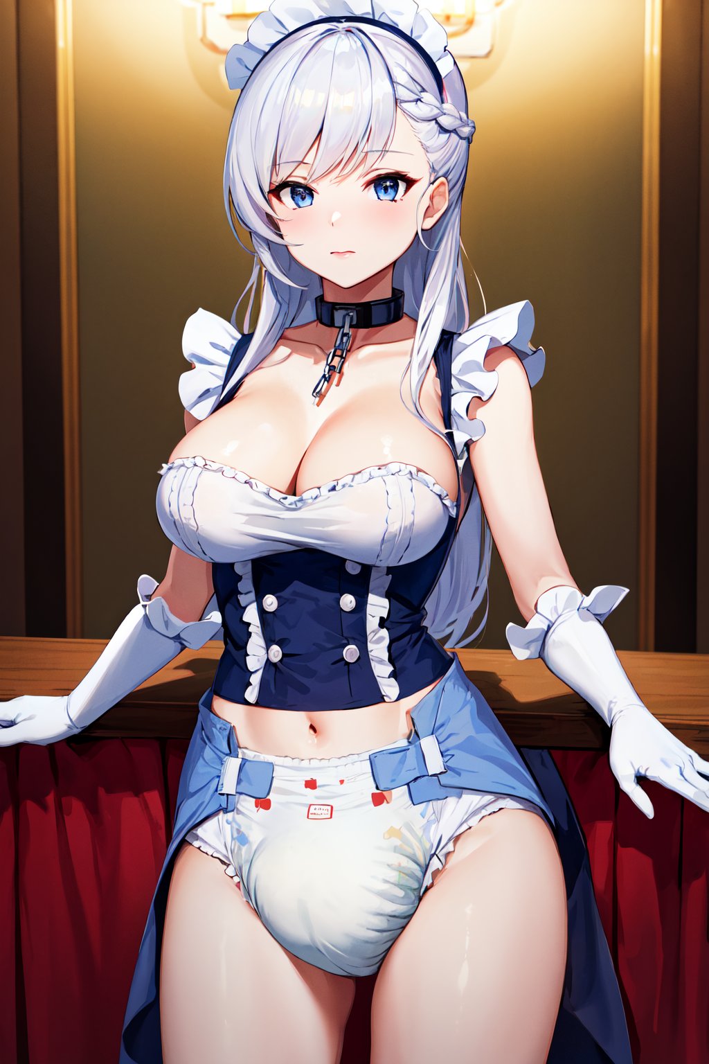 masterpiece, best quality, highres, 1girl, diaper, <lora:diaper_10:0.8>,, aabelfast, long hair, french braid, maid headdress, collar, chain, collarbone, cleavage, frills, maid, sleeveless, elbow gloves, white gloves, white apron, <lora:belfast_(azur_lane)_v1:0.7>