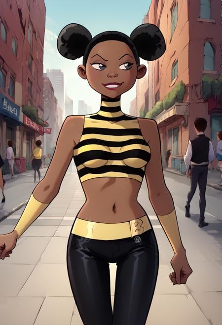 score_9, score_8_up, score_7_up,score_6_up, source_anime,city,BREAK bumblebee, dark skin, 1girl, crop top, striped, black pants, double bun,walking, smirk,  <lora:Bumblebee:0.8> <lora:pandacorya-10:1>